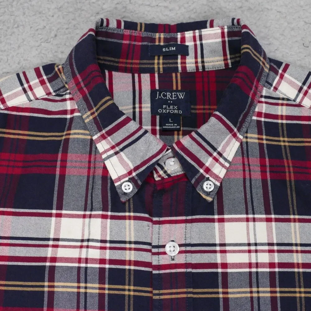 J Crew Oxford Shirt Mens Large SLIM Fit Red Navy Blue Plaid Long Sleeve